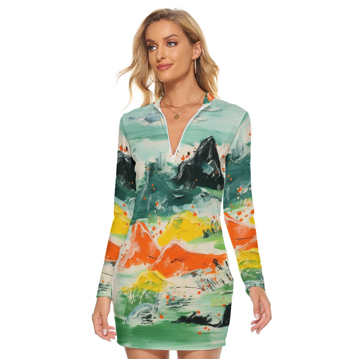 All-Over Print Women's Zip Front Tight Dress