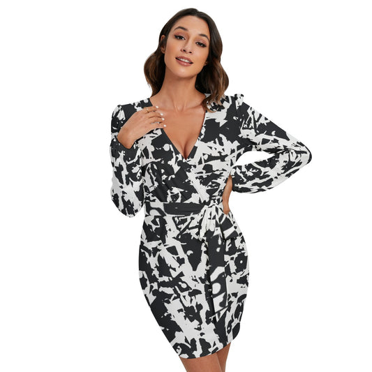 All-Over Print Women's Long Sleeve Dress With Waist Belt