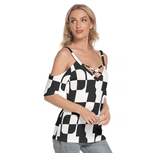 All-Over Print Women's Cold Shoulder T-shirt With Criss Cross Strips