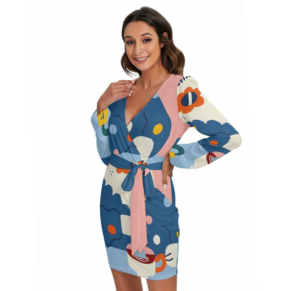 All-Over Print Women's Long Sleeve Dress With Waist Belt