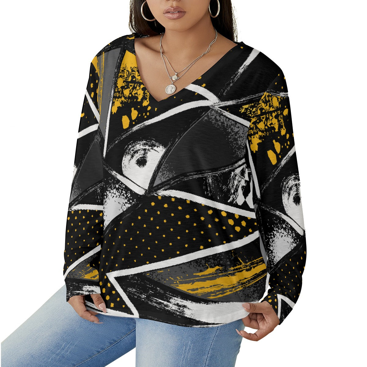 All-Over Print Women's V-neck T-shirt With Curved Hem(Plus Size)