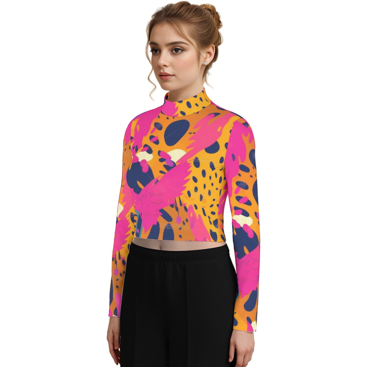 Eco-Friendly All-Over Print Women's Turtleneck T-shirt With Long Sleeve