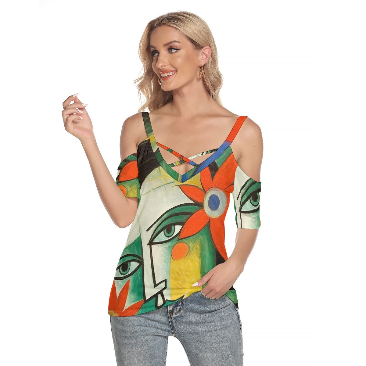 All-Over Print Women's Cold Shoulder T-shirt With Criss Cross Strips