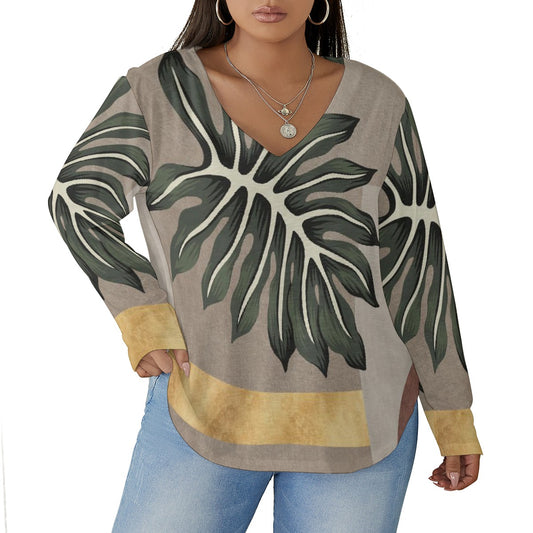 All-Over Print Women's V-neck T-shirt With Curved Hem(Plus Size)