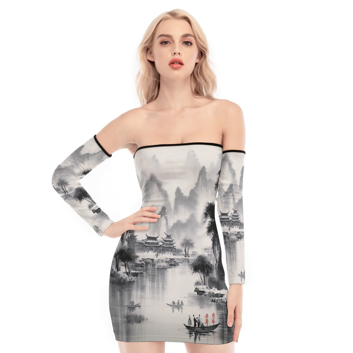 All-Over Print Women's Off-shoulder Back Lace-up Dress