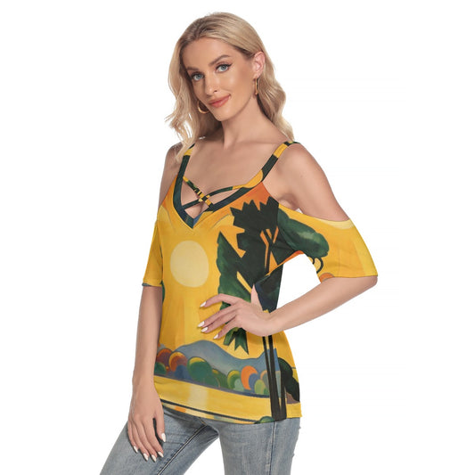 All-Over Print Women's Cold Shoulder T-shirt With Criss Cross Strips