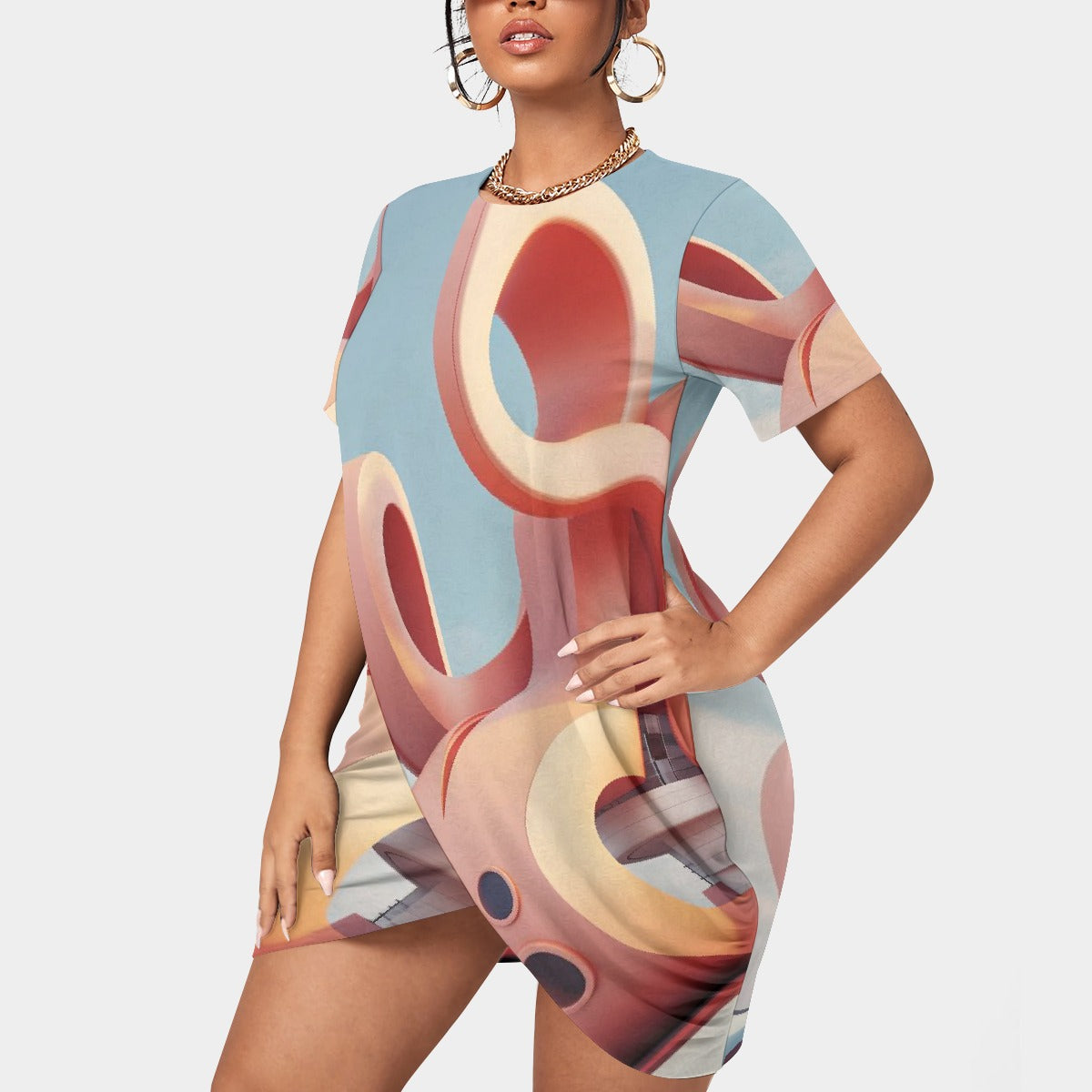 All-Over Print Women’s Stacked Hem Dress With Short Sleeve（Plus Size）