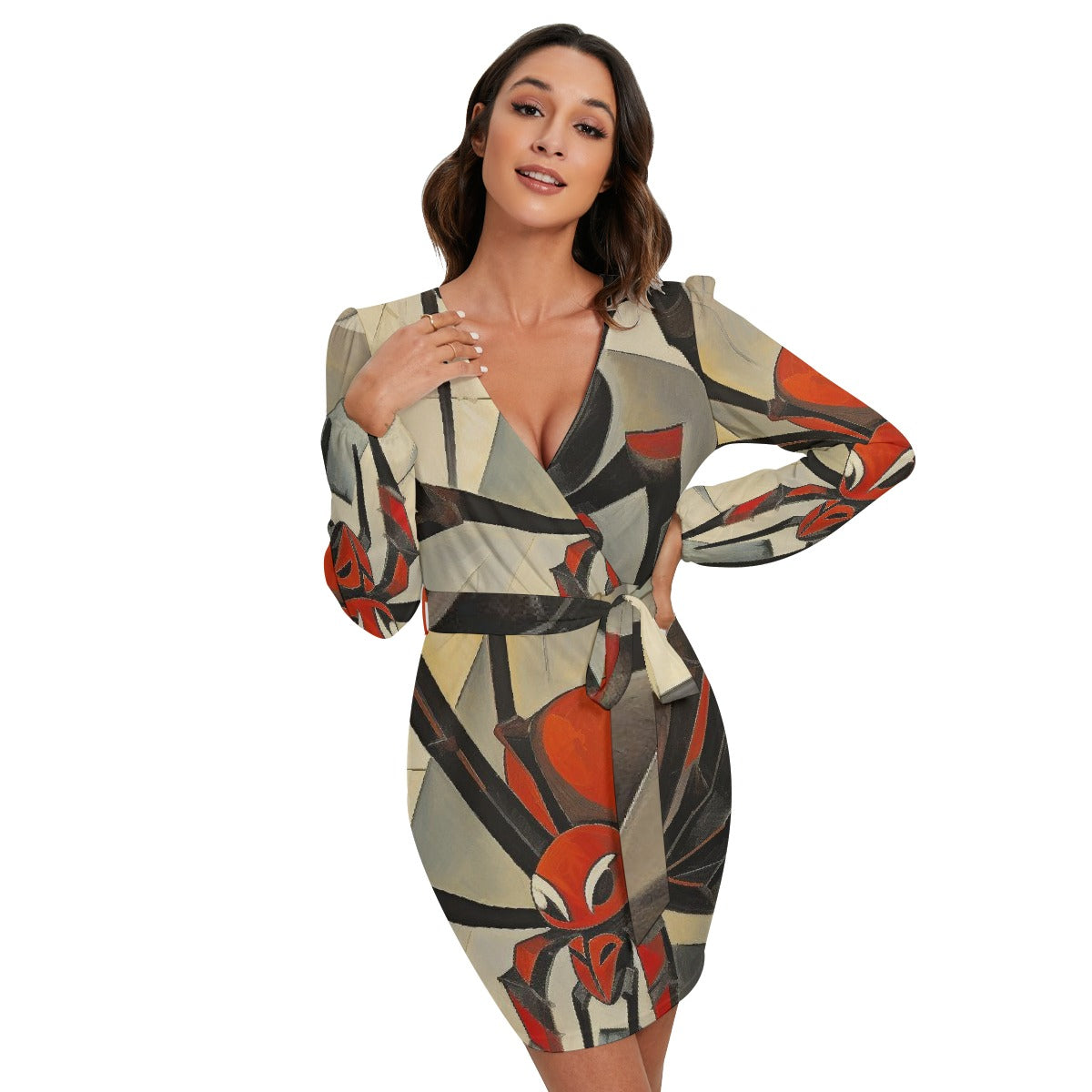 All-Over Print Women's Long Sleeve Dress With Waist Belt