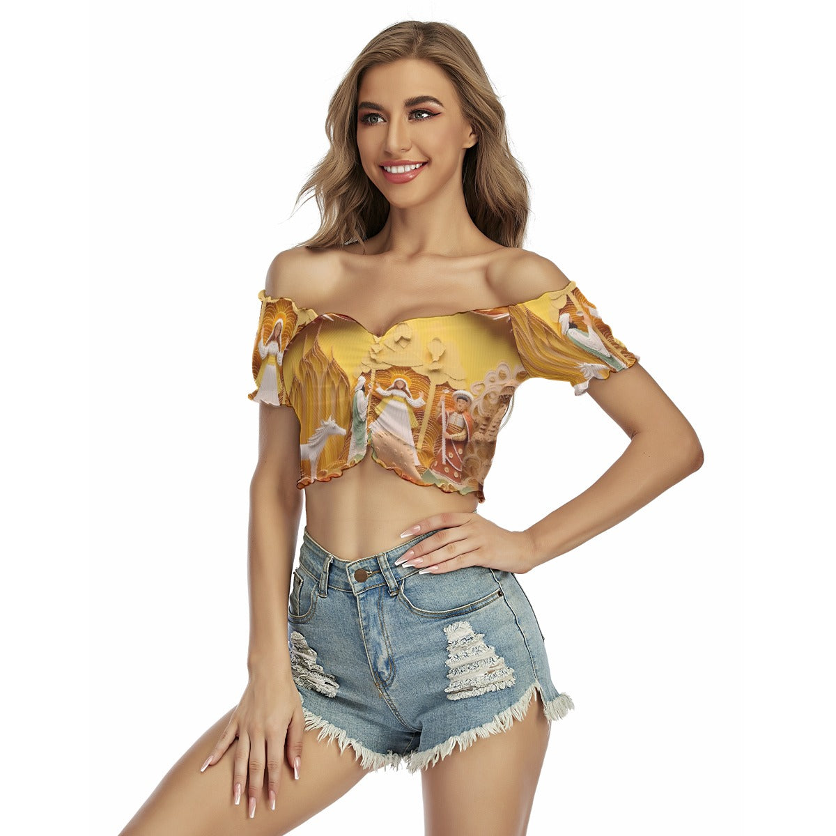 All-Over Print Women's One-shoulder Off-the-navel Short Sleeve T-shirt