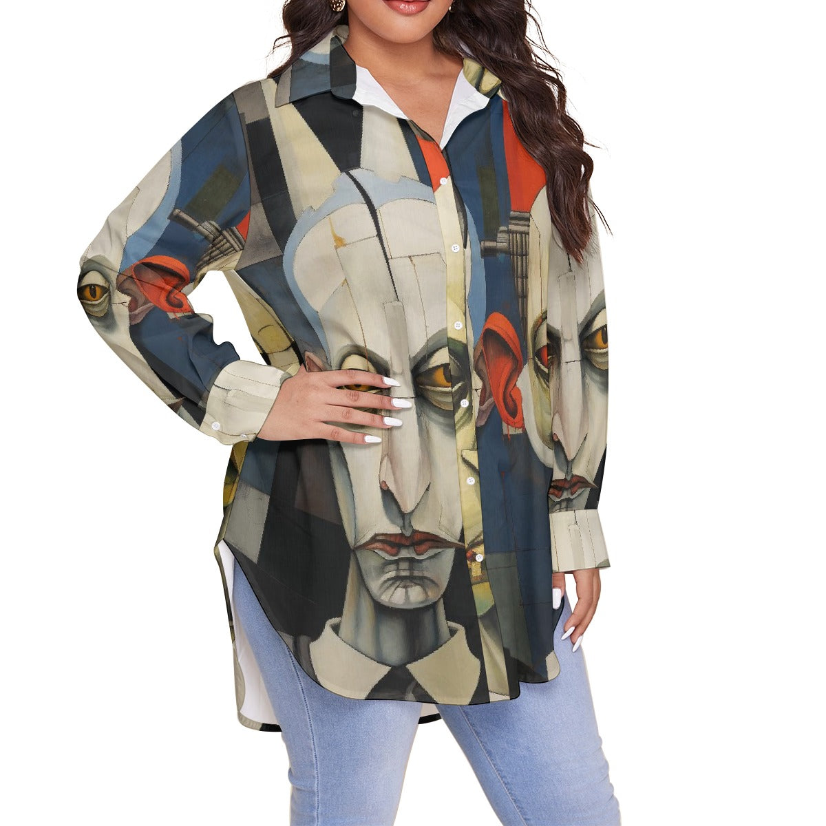 All-Over Print Women's Shirt With Long Sleeve(Plus Size)