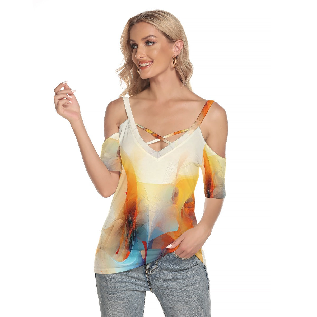 All-Over Print Women's Cold Shoulder T-shirt With Criss Cross Strips