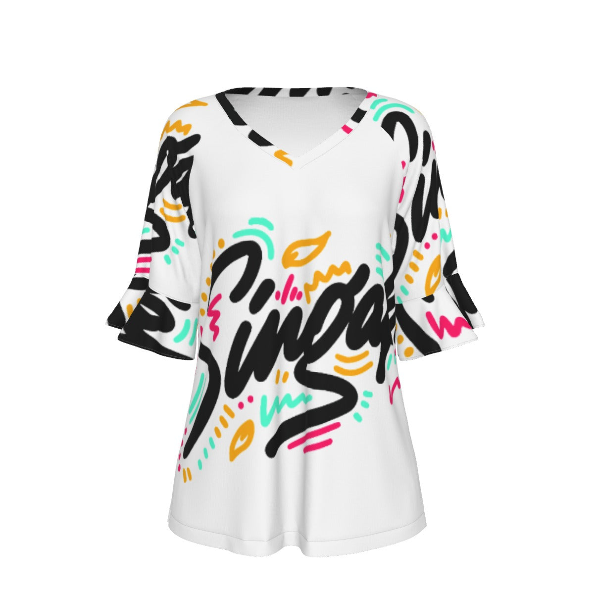 All-Over Print V-neck Women's T-shirt With Bell Sleeve