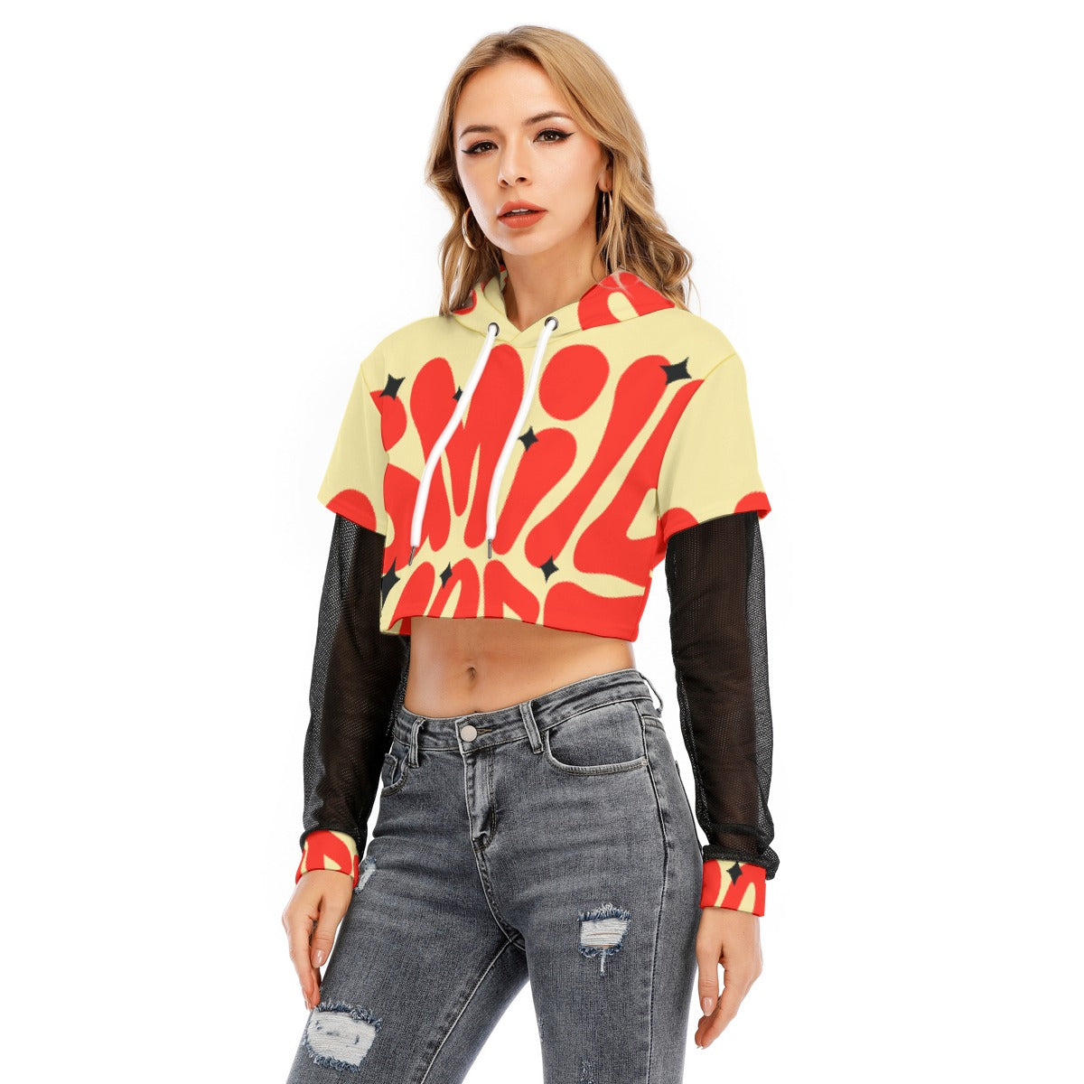 All-Over Print Women's Fake Two-piece Mesh Sleeve Cropped Hoodie