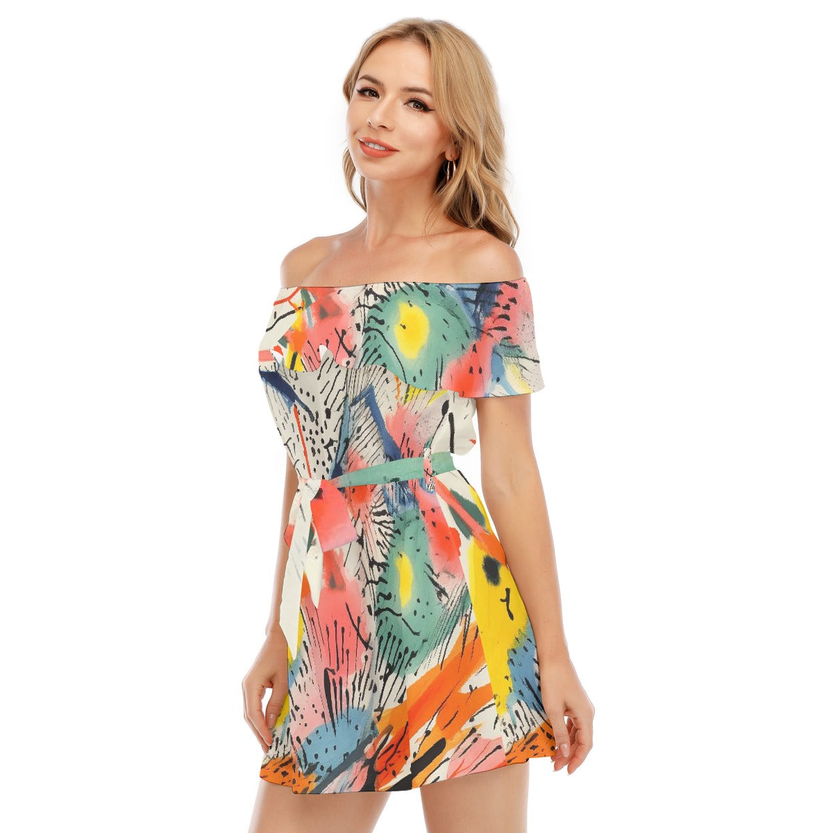 All-Over Print Women's Off-shoulder Dress With Ruffle