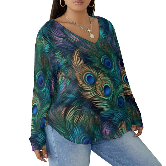 All-Over Print Women's V-neck T-shirt With Curved Hem(Plus Size)