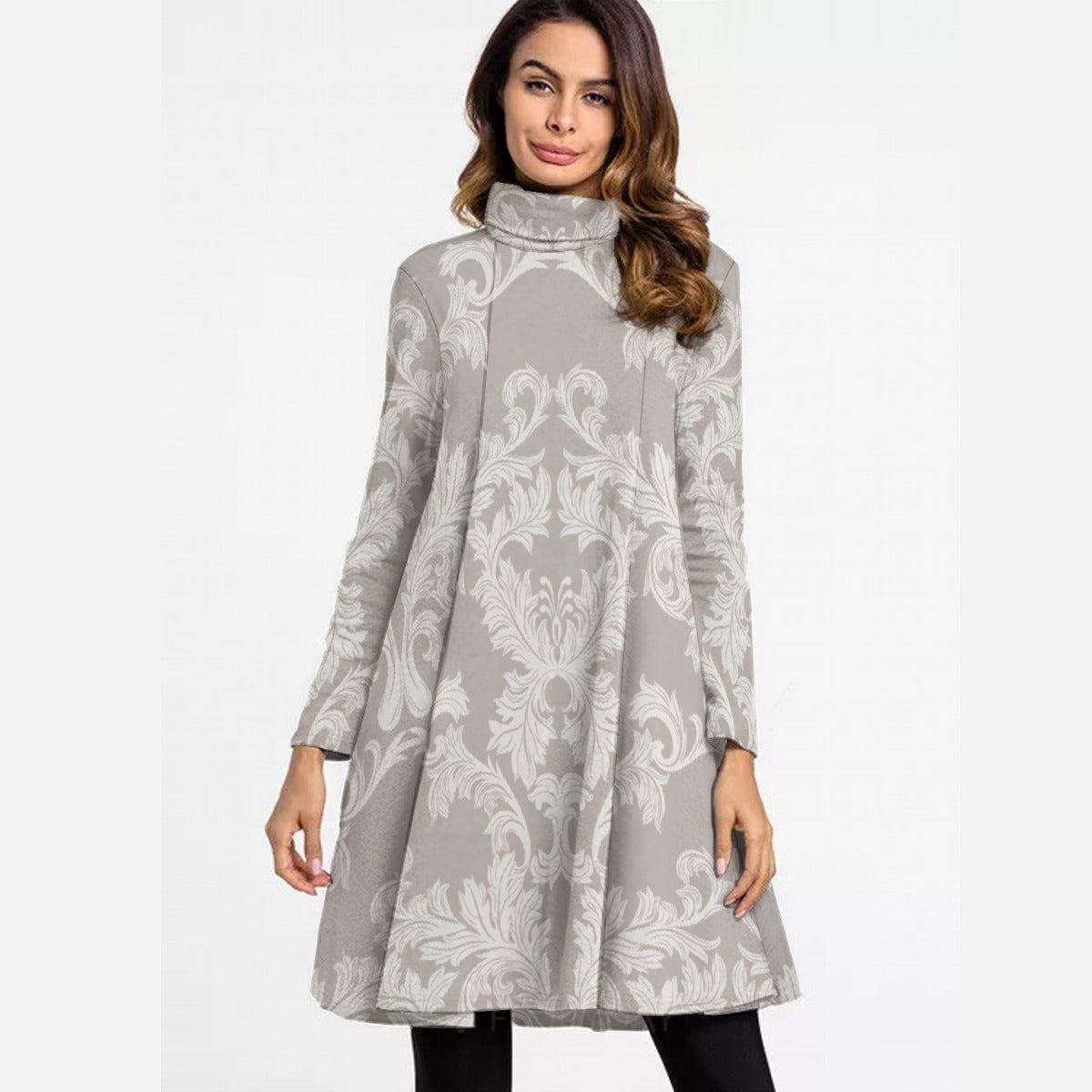 All-Over Print Women's High Neck Dress With Long Sleeve