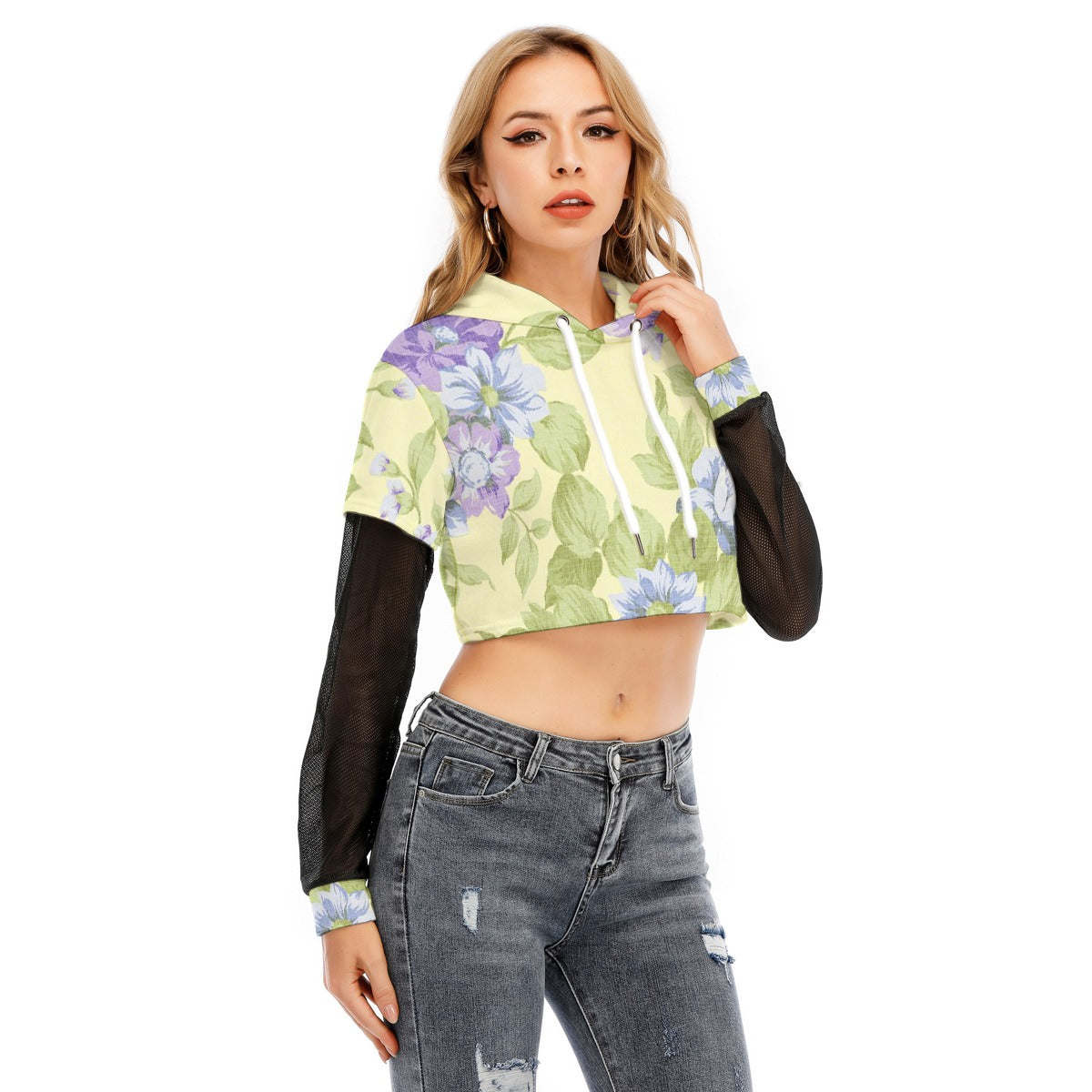 All-Over Print Women's Fake Two-piece Mesh Sleeve Cropped Hoodie