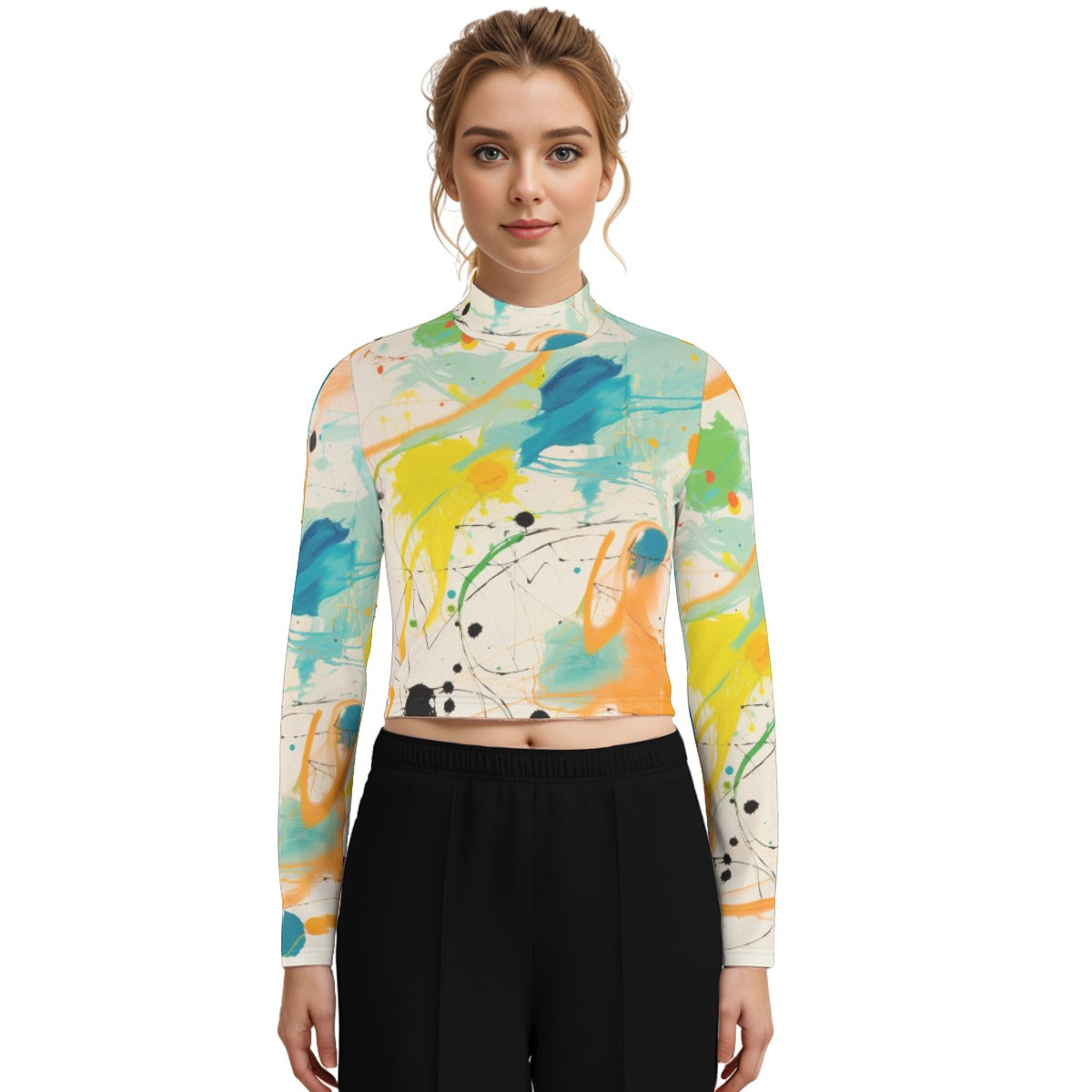 Eco-Friendly All-Over Print Women's Turtleneck T-shirt With Long Sleeve