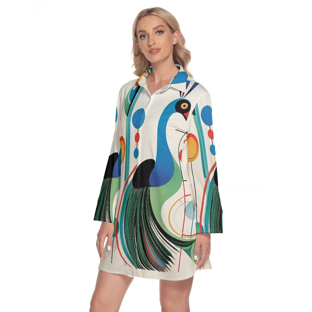 All-Over Print Women's Lapel Shirt Dress With Long Sleeve