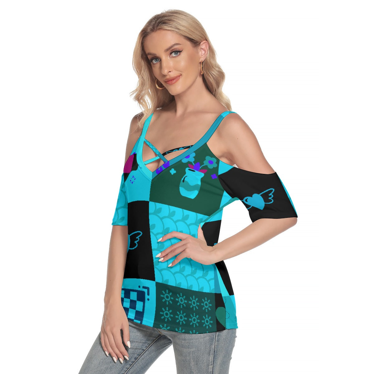 All-Over Print Women's Cold Shoulder T-shirt With Criss Cross Strips