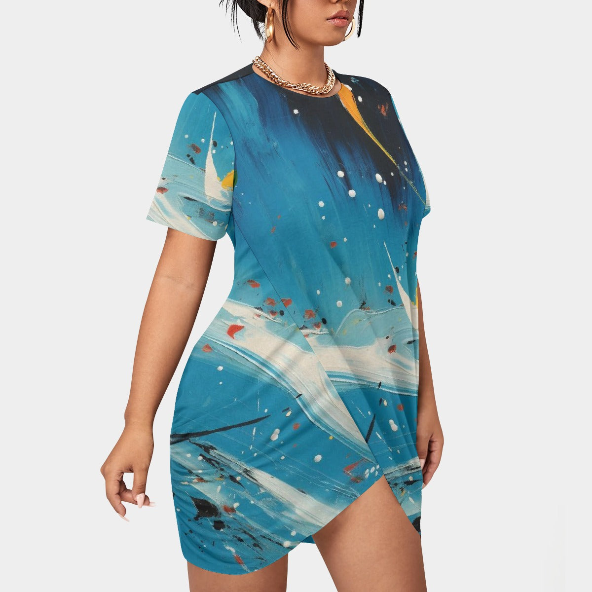 All-Over Print Women’s Stacked Hem Dress With Short Sleeve（Plus Size）