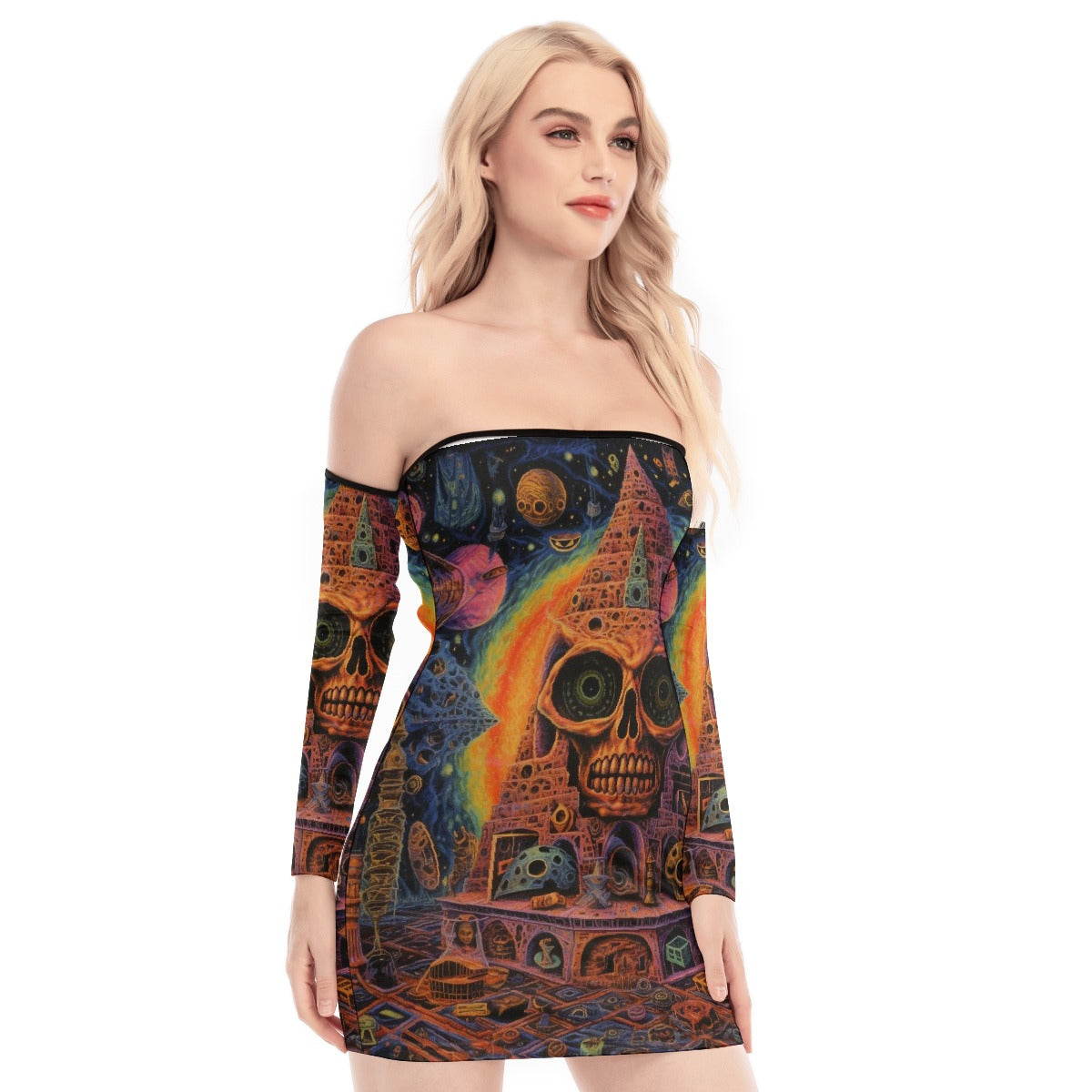 All-Over Print Women's Off-shoulder Back Lace-up Dress