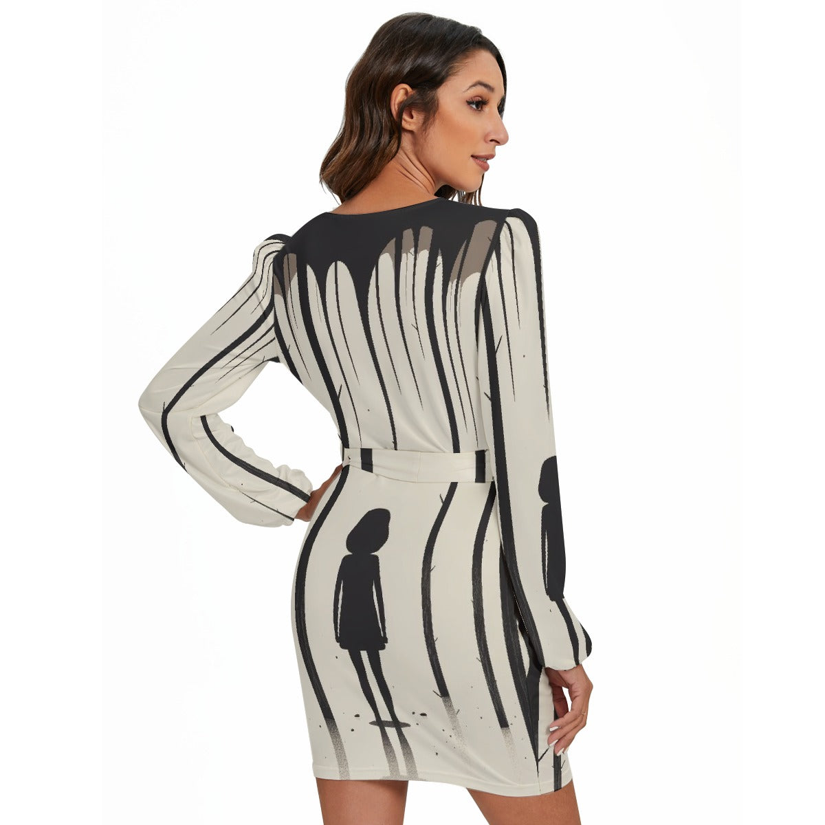 All-Over Print Women's Long Sleeve Dress With Waist Belt