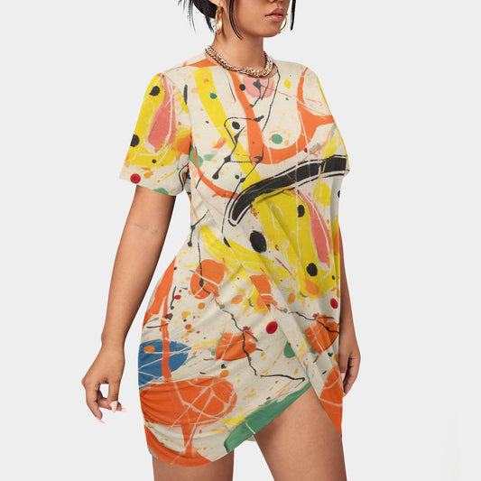 All-Over Print Women’s Stacked Hem Dress With Short Sleeve（Plus Size）