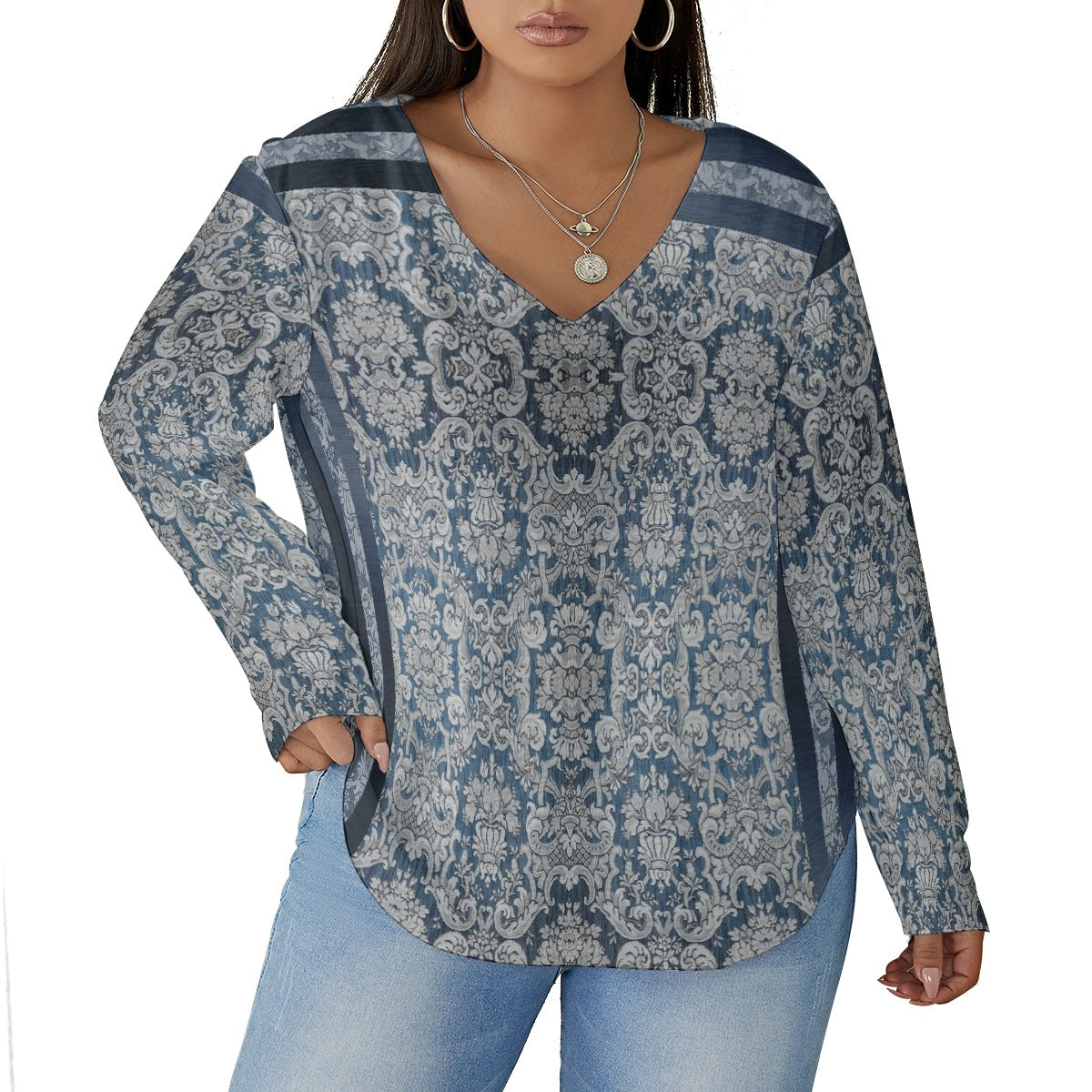 All-Over Print Women's V-neck T-shirt With Curved Hem(Plus Size)