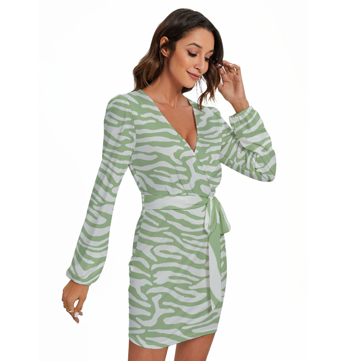 All-Over Print Women's Long Sleeve Dress With Waist Belt