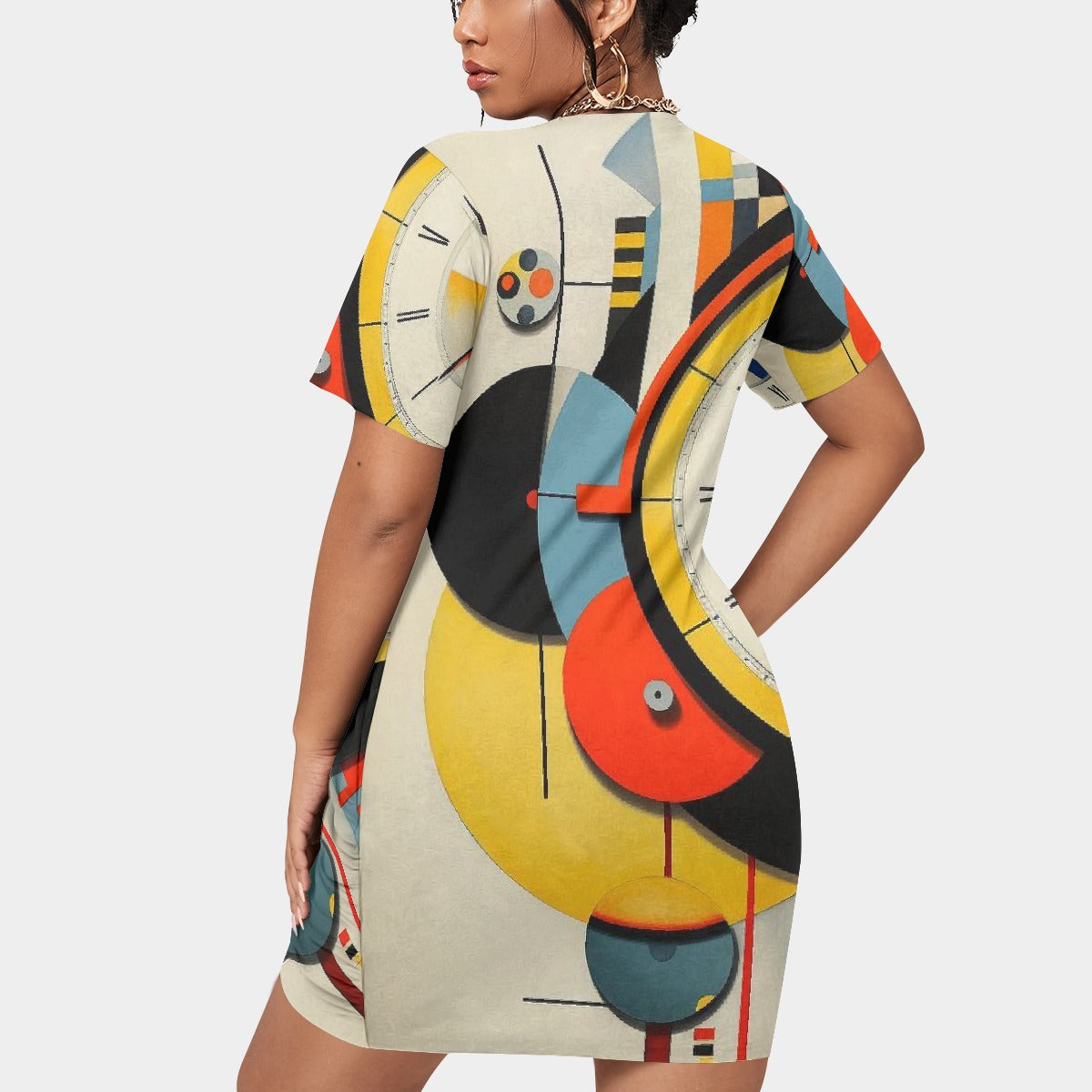 All-Over Print Women’s Stacked Hem Dress With Short Sleeve（Plus Size）