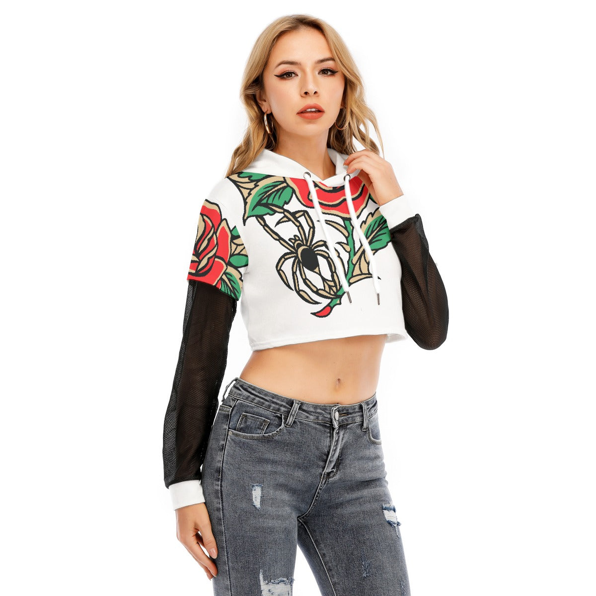 All-Over Print Women's Fake Two-piece Mesh Sleeve Cropped Hoodie