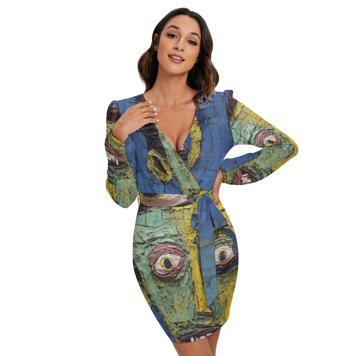 All-Over Print Women's Long Sleeve Dress With Waist Belt