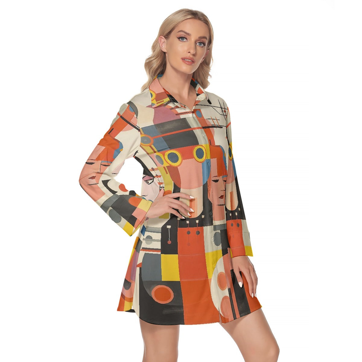 All-Over Print Women's Lapel Shirt Dress With Long Sleeve