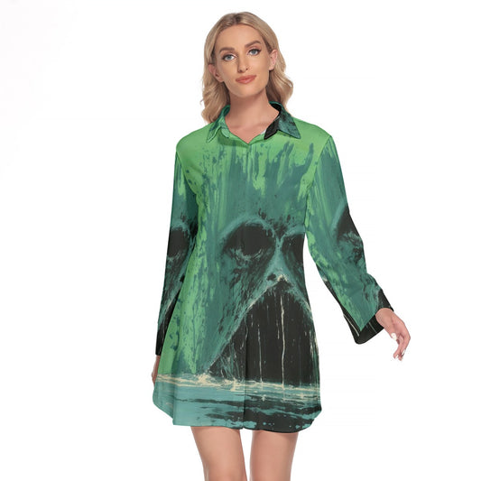 All-Over Print Women's Lapel Shirt Dress With Long Sleeve