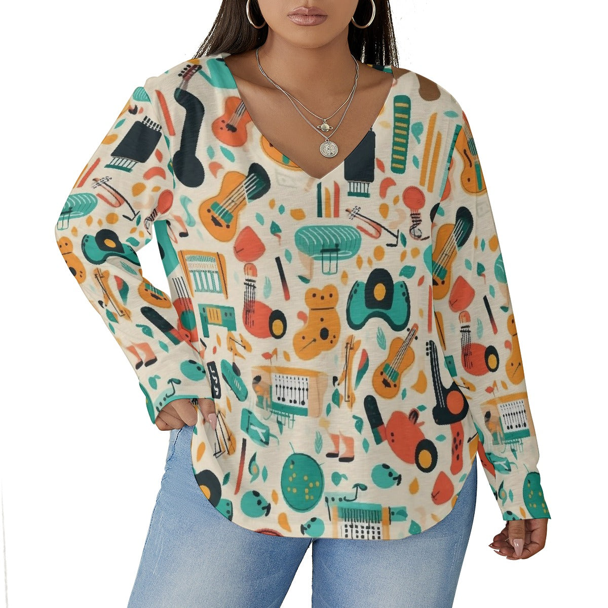 All-Over Print Women's V-neck T-shirt With Curved Hem(Plus Size)