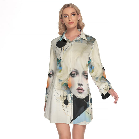 All-Over Print Women's Lapel Shirt Dress With Long Sleeve