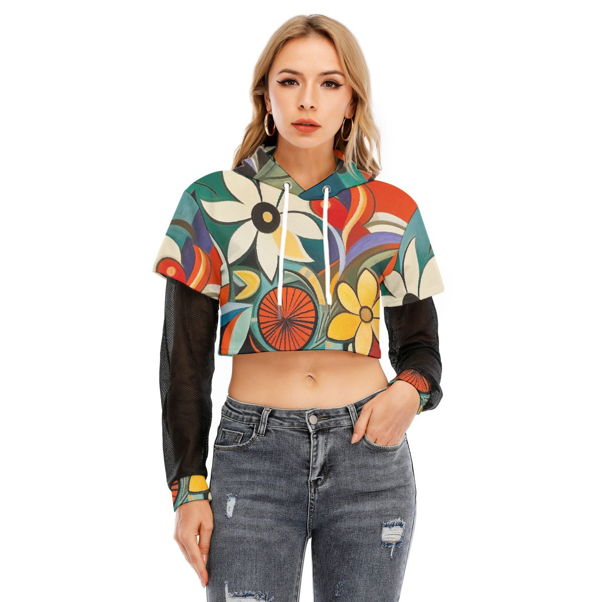 All-Over Print Women's Fake Two-piece Mesh Sleeve Cropped Hoodie