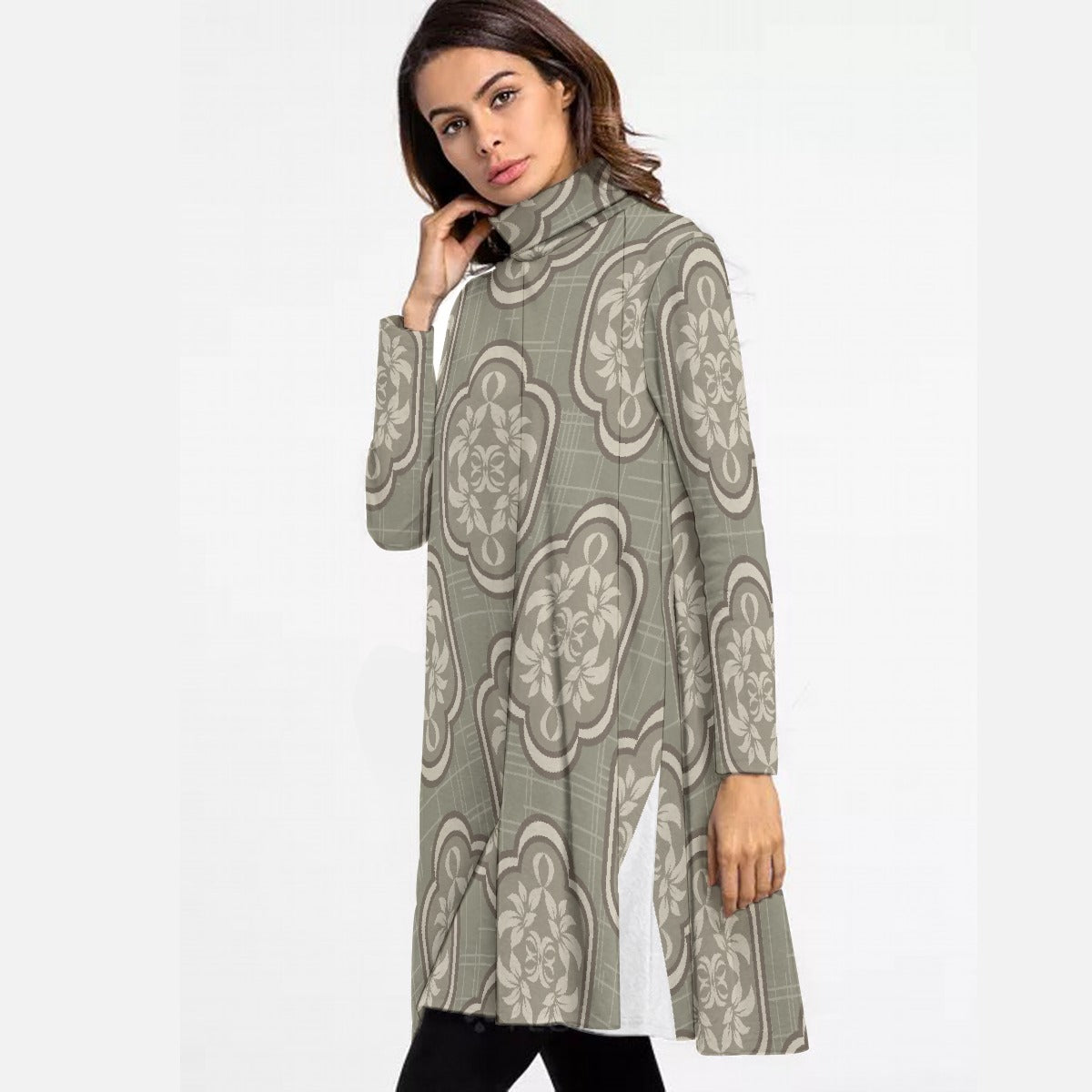 All-Over Print Women's High Neck Dress With Long Sleeve