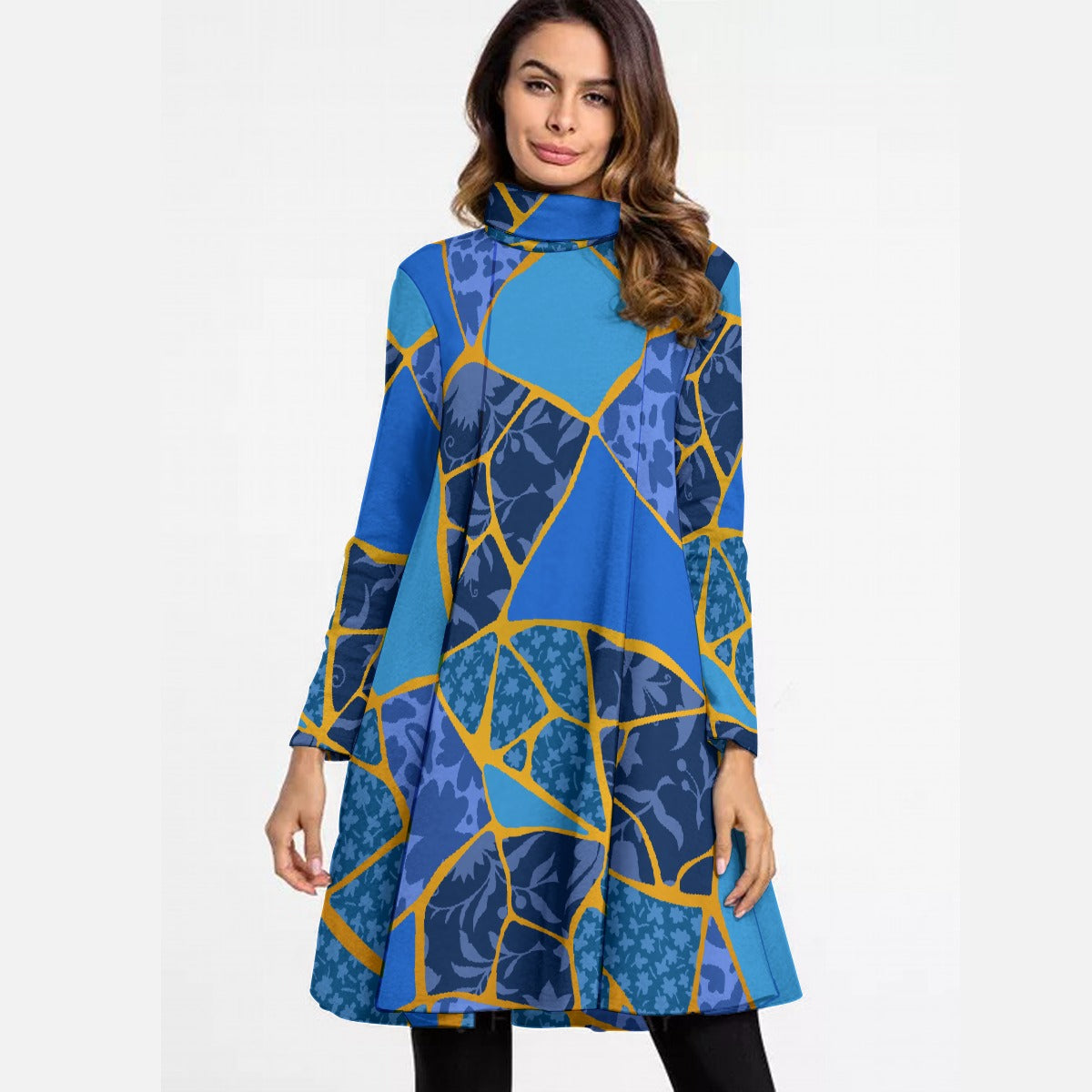 All-Over Print Women's High Neck Dress With Long Sleeve