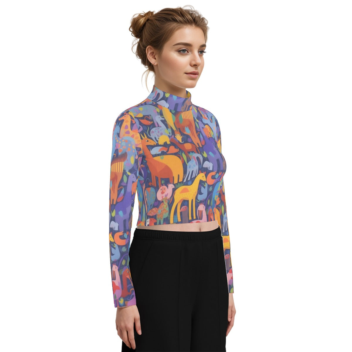 Eco-Friendly All-Over Print Women's Turtleneck T-shirt With Long Sleeve