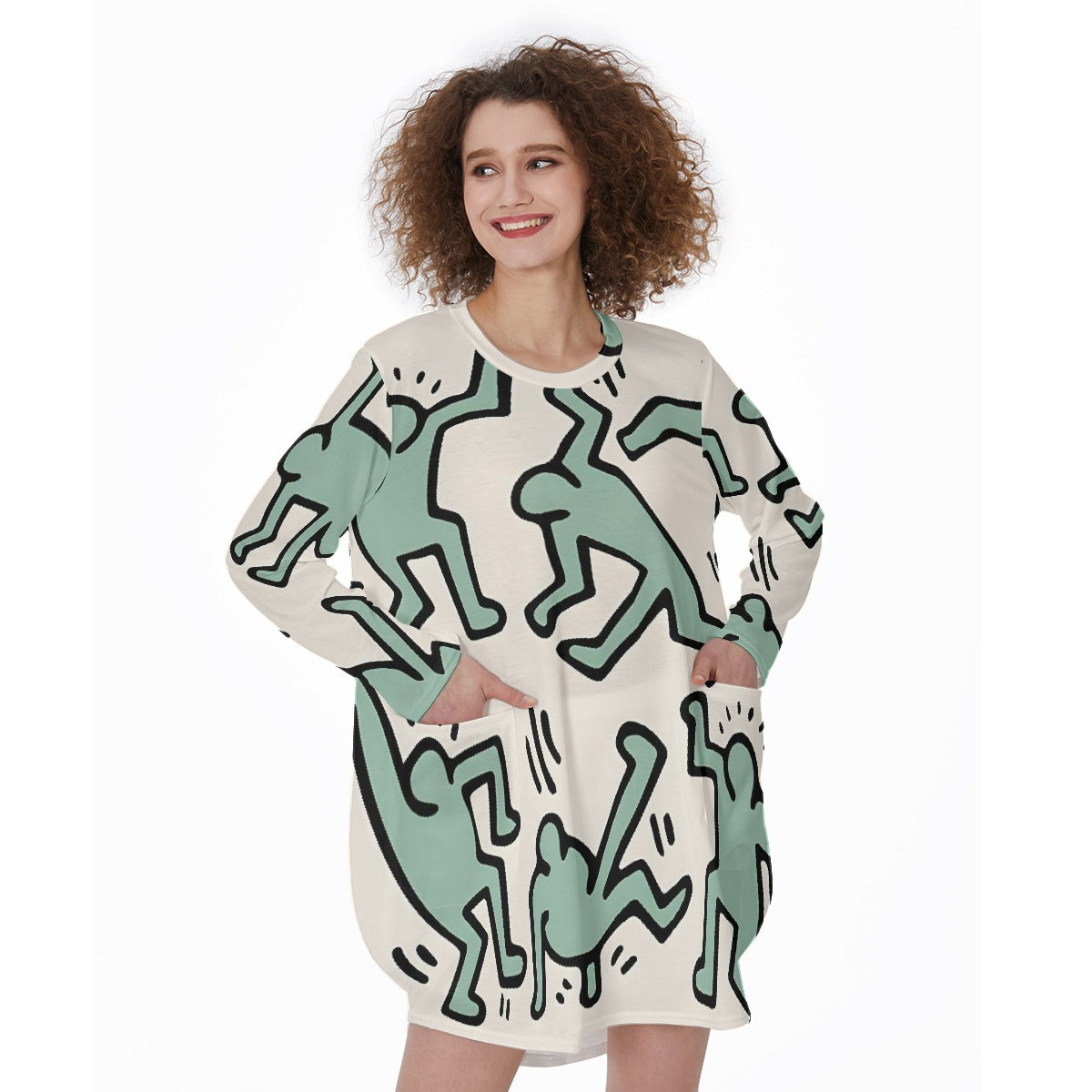 All-Over Print Women's Casual Loose Long Sleeve Dress With Pocket