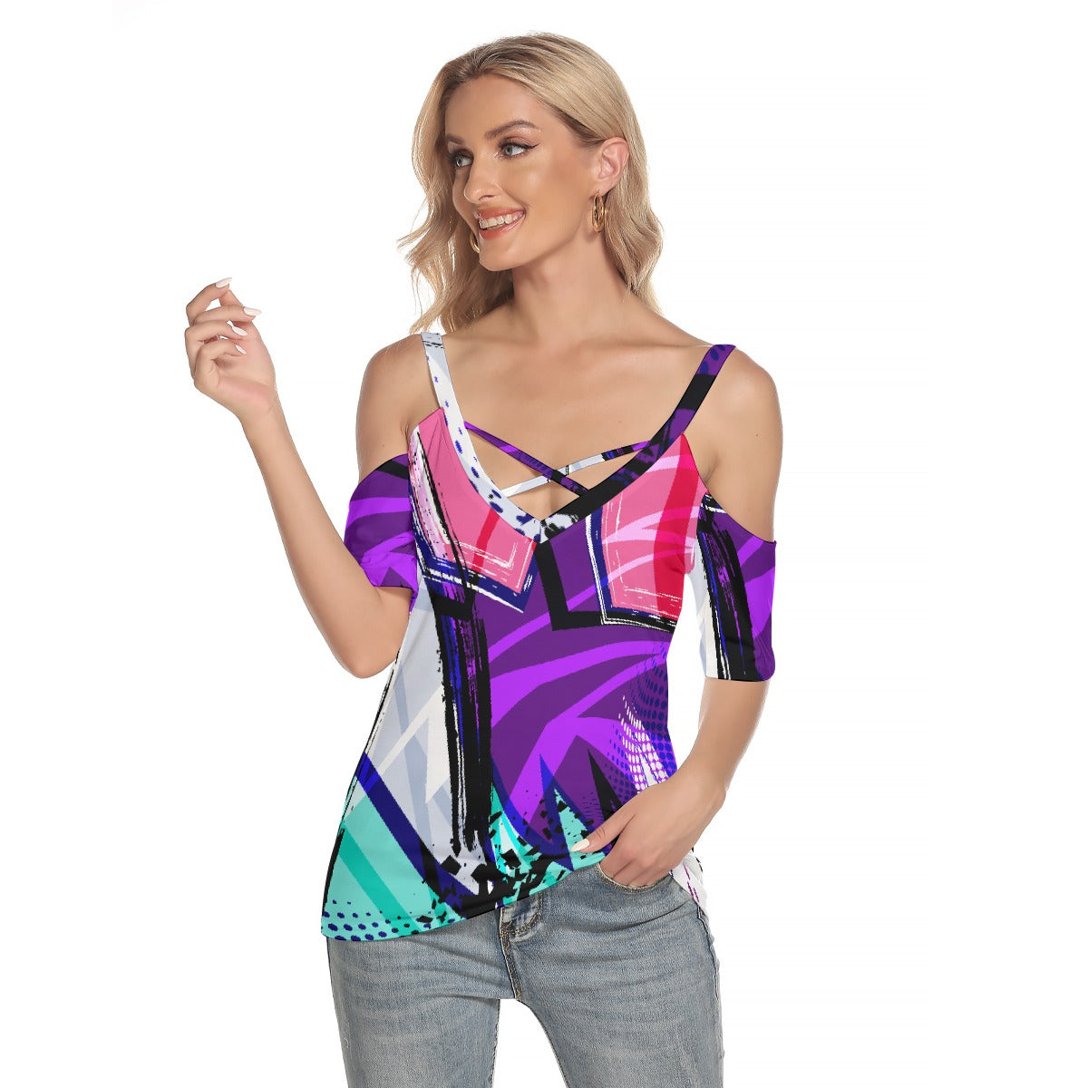 All-Over Print Women's Cold Shoulder T-shirt With Criss Cross Strips