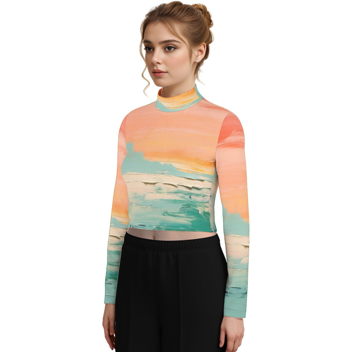 Eco-Friendly All-Over Print Women's Turtleneck T-shirt With Long Sleeve