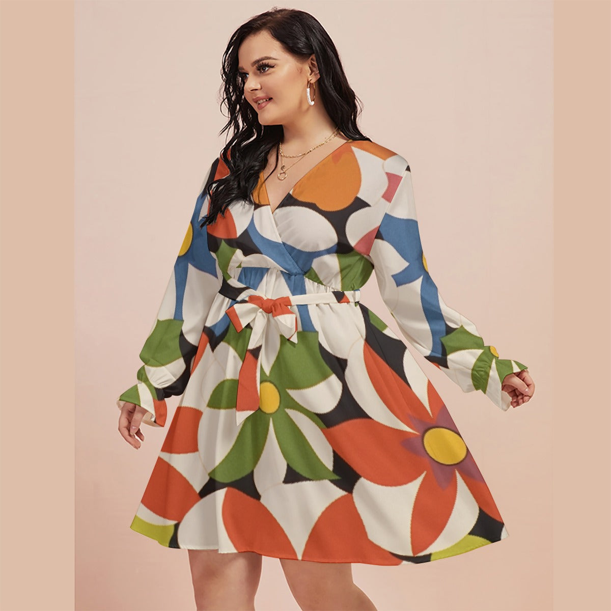 All-Over Print Women's V-neck Dress With Waistband(Plus Size)