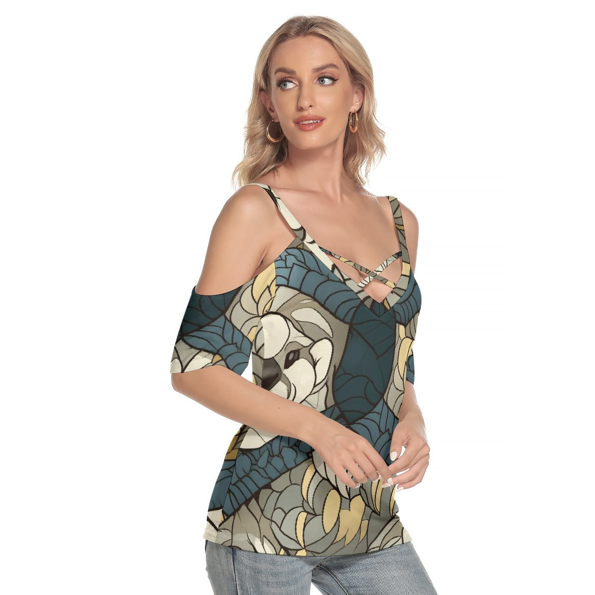 All-Over Print Women's Cold Shoulder T-shirt With Criss Cross Strips