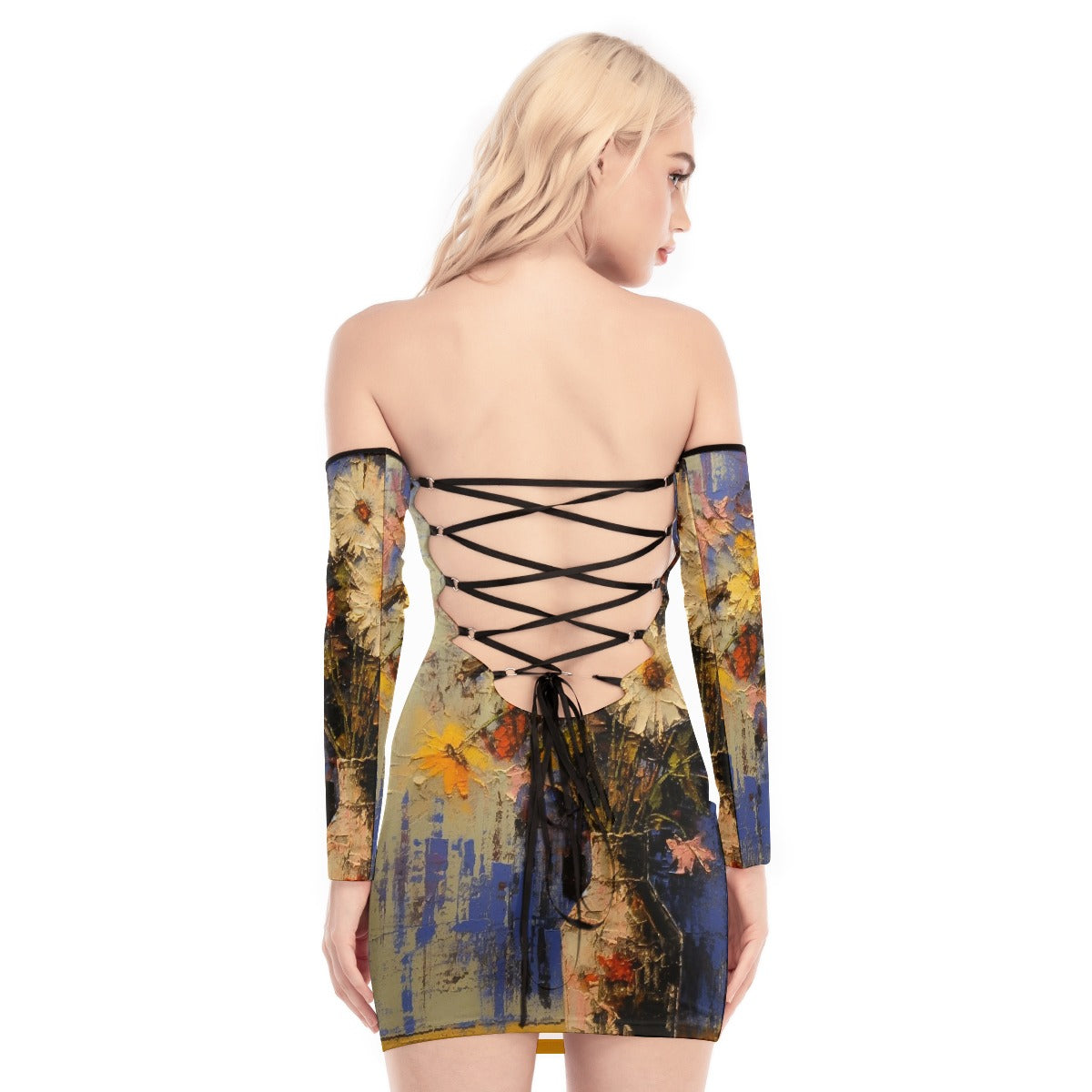 All-Over Print Women's Off-shoulder Back Lace-up Dress