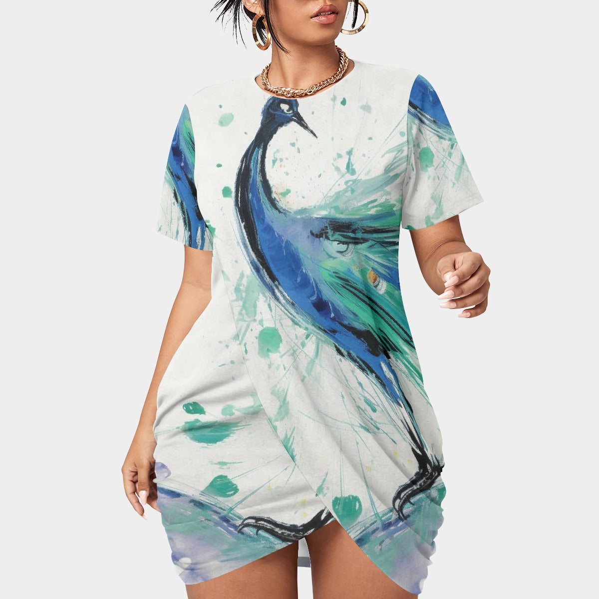 All-Over Print Women’s Stacked Hem Dress With Short Sleeve（Plus Size）