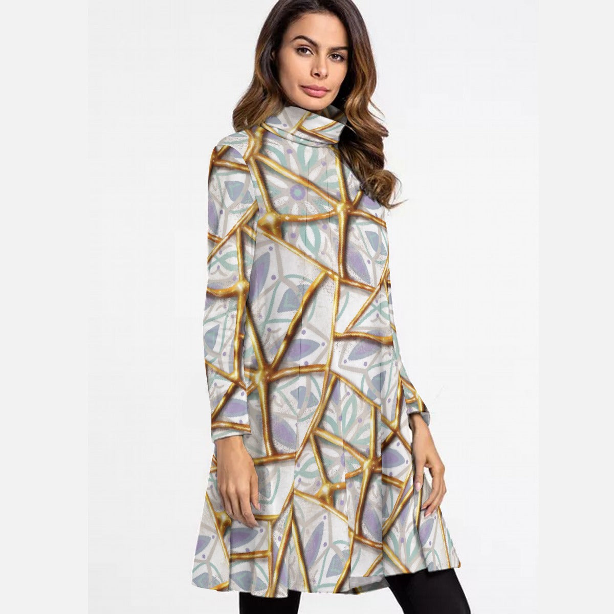 All-Over Print Women's High Neck Dress With Long Sleeve