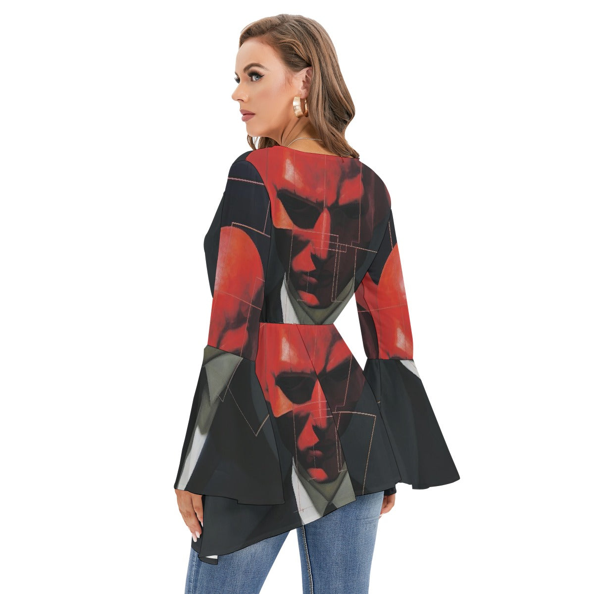 All-Over Print Women's V-neck Blouse With Flared Sleeves